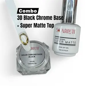 Scarlett 3D Solid Chrome Base Black Gel 10g & Super Matte No-Wipe Top Coat Combo Set for Professional Nail Art