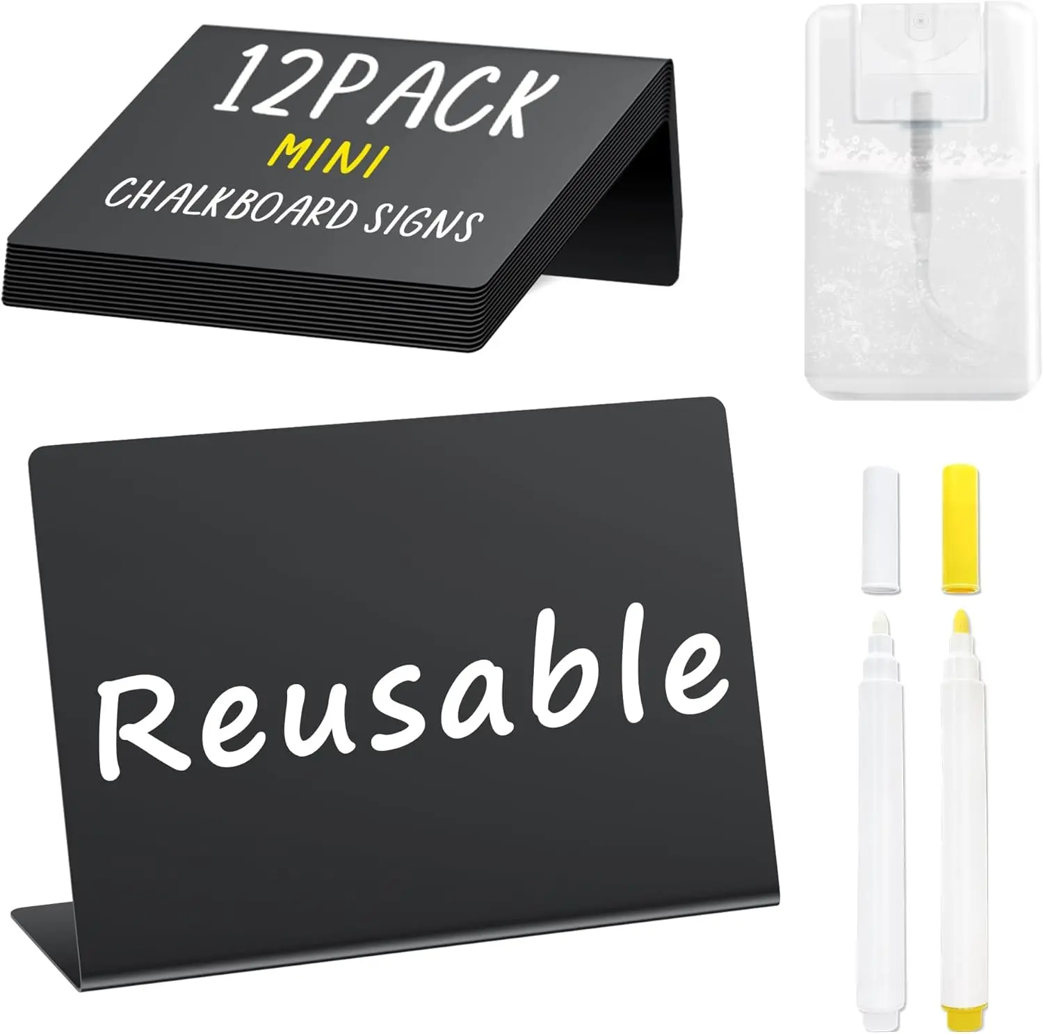 12 count  Labels for Party Buffet w/Cleaning Spray, 4"x3" Mini Chalkboard Signs for  Display, Table Place Cards - Name Tags- Small Chalk Board Signs, w/ 2 Markers