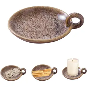 1pack Vintage Ceramic Candle Holders with Handle, Round Farmhouse Ceramic Plate Tray, Sage & Incense Holder for Meditation Room Home Decor (Khaki)