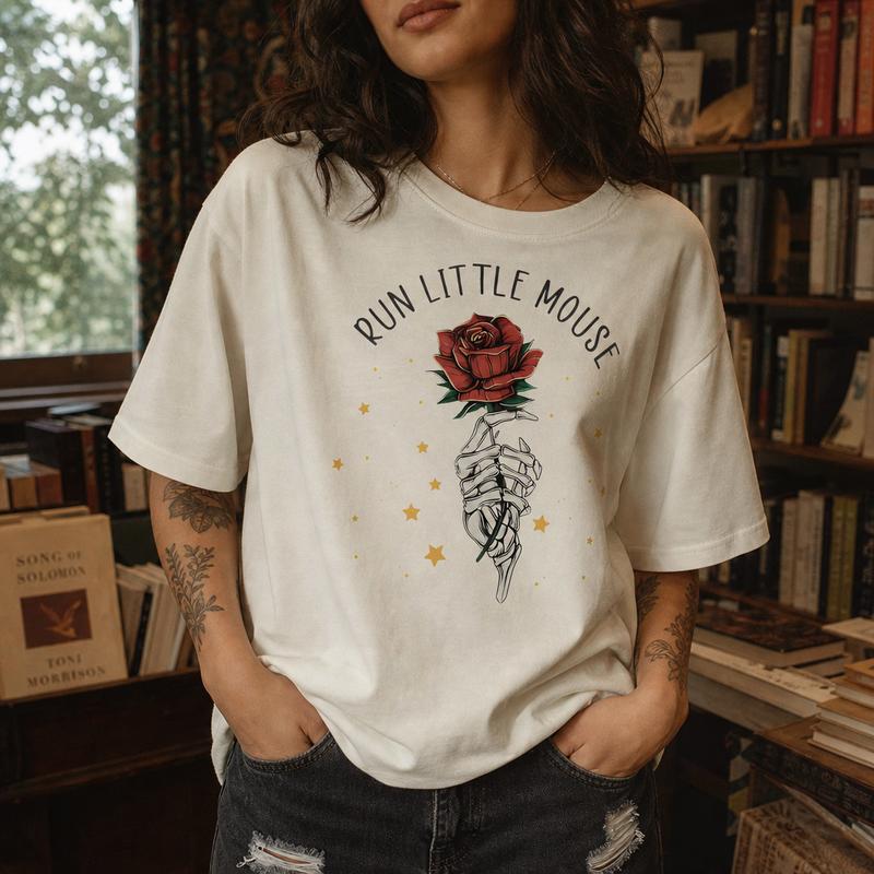 Run Little Mouse Skeleton Rose Women's Cotton Tee Dark Romance Bookish Graphic T-Shirt