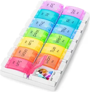 Boxsik 7 Day Pill Organizer AM PM - Rainbow Weekly Pill Box with Detachable Compartments and Spring Open Lids - Daily Tablet Case for Vitamins, Supplements and Travel