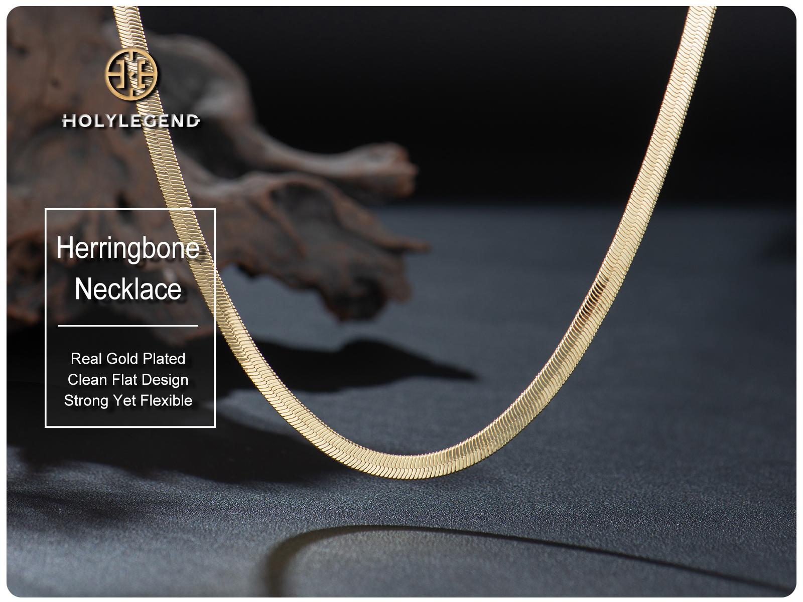 Holylegend 14K Real Gold Plated Herringbone Chain Necklace for Men, Flat Snake Design, Smooth Shine