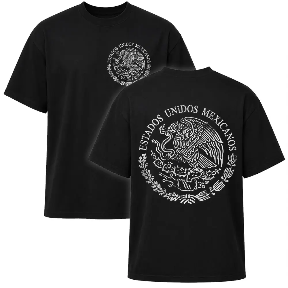 Men's Loose Short-Sleeve T-Shirt - Michoacan Eagle Mexicanos Classic 2-Side Graphic, Lowrider Style, Medium-Heavy Fabric Streetwear Top