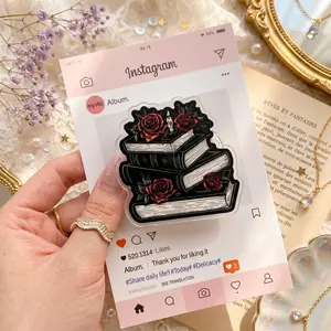 Gothic Book Stack Acrylic Phone Grip, Red Rose Dark Academia Phone Holder Stand, Bookish Reading Accessory Gift For Her