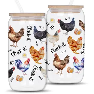 Chicken Pattern Glass Cup with Bamboo Lid & Glass Straw, 16oz/500ML Drinking Glasses, Mason Jar, Drinking Cup for Home Office, Gift for Chicken Lover, Funny Glass Cup, Drinkware