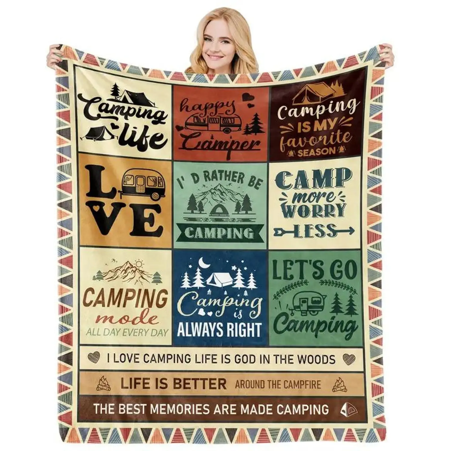 1pc Soft Flannel Camping Themed Throw Blanket, Cozy Outdoor Adventure Style Home Decor Blanket, Lightweight Portable Travel Hiking Nap Blanket For Adults Daily Use