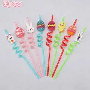 8pcs Easter-Themed Straws, Colorful Reusable Pet Drinking Straws, Bunny & Egg Patterns, Perfect for Easter, Birthdays, Weddings, Beaches