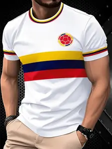 Summer Soccer Fan Sports Short Sleeve Shirt, Colombia Flag Color Striped Badge Training T-Shirt, Casual Fitted Long Graphic Tee, Athletic Top