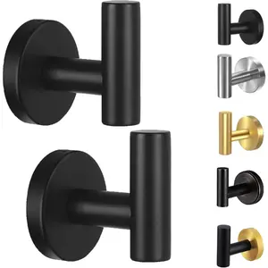 Premium Stainless Steel Towel Hooks for Bathroom 2 Packs Wall Mount Matte Black Robe Hook Heavy Duty Door Hanger for Kitchen Bedroom Hotel Pool Coats Drilling