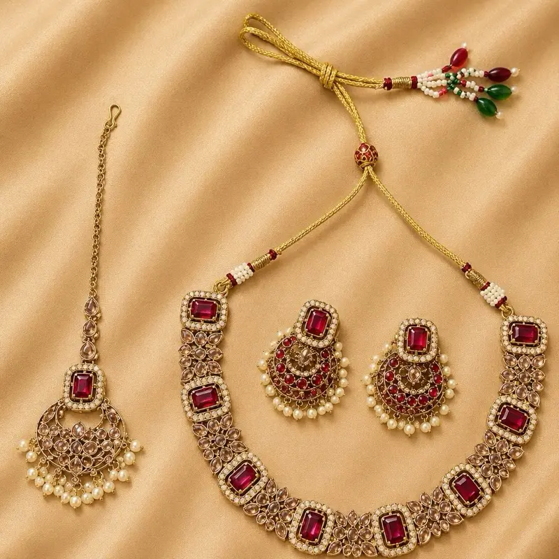 Polki Kundan Necklace Set with jhumki earring and tikka