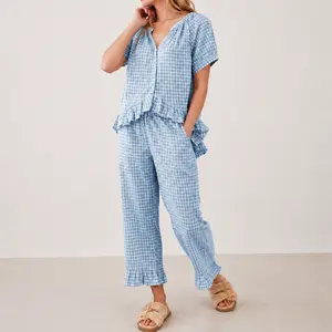 Women’s Plaid Two-Piece Pajama Set, Y2K Plaid Lounge Set, Casual Outfit with Ruffle Hem Pants and Cotton Shirt, Suitable for Home, Casual Wear, Light Exercise, and Beach Walks