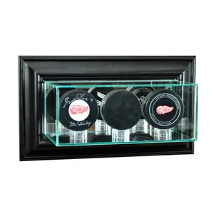 212 MAIN Wall Mounted Triple Puck Collectibles Display Case - Black, Mirror Back, UV Glass Puck Holder for Autograph Showcasing & Signature Protection, Puck Holders