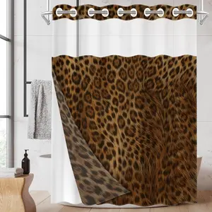1pc hookless shower curtain with buckle lining, tan leopard print design, 2D flat printing, fabric waterproof lining, see-through double-layer shower curtain, 71 x 74 inches, modern home draping curtain, Shower Curtain Liner