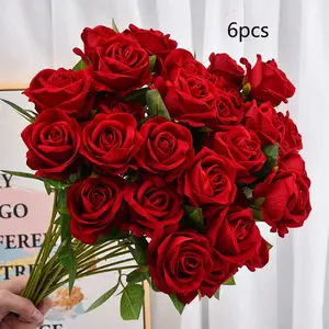 6PCS Red Roses Artificial Silk Flowers, Fake Roses with Long Stems Realistic Faux Rose Bouquets for Wedding Decorations Bridal Shower Floral Arrangements Party Home Table Decor