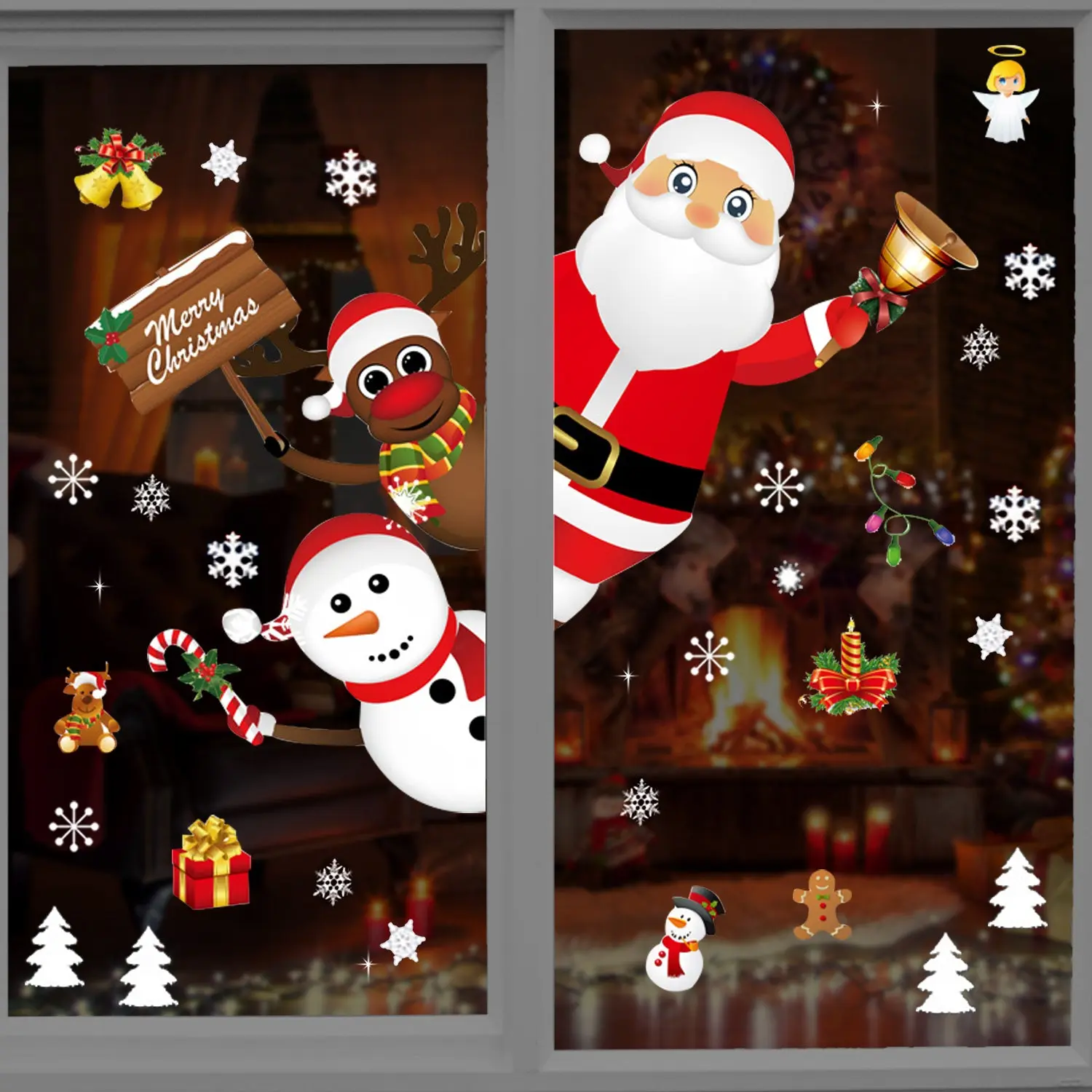 Christmas Window Sticker 35"x23" -  XLarge Glass Decal for Shop Window, Showcase Decoration - Santa Claus, Snowman, Reindeer, Snowflake Clings