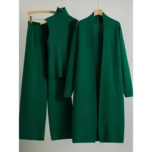 2025 Newest Suit High Elasticity Women’s Loose Suit, Long Wide-Leg Pants + Shawl Cardigan + Turtleneck Sweater Fashion Three-Piece Set Can Be Worn Up To 70kg Suitable For Female Can Be Used With Raincoat
