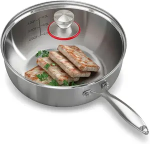 12 Inch 6-Quart Tri-ply Stainless Steel Saute Pan Deep Frying Pan with Clear Lid, Detachable Handle, Compatible with All Cooktops, Induction Oven Dishwasher Safe for Chef Cooking