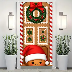 1pc Christmas party banner, made of polyester material, with a background picture of Christmas cookies, suitable for holiday parties, Christmas party decoration, indoor and outdoor decoration, and front door decoration