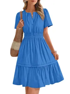 BTFBM Women's Casual V Neck Dresses 2026 Summer Spring Short Sleeve Sundress Smocked Waist A Line Tiered Mini Dress