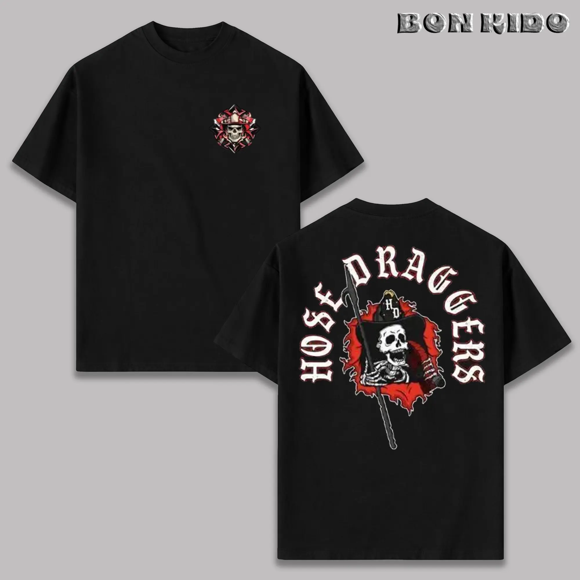 Men's Graphic Firefighter Skull Hose Draggers Cotton T-Shirt - Round Neck, Short Sleeve, Breathable Fabric, Vintage Streetwear Casual Tee, Firefighter Gift, Tshirt, Prints, Firefighters