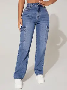Women's Petite High Waist Cargo Denim Jeans, Multi-Pocket Wide Leg Straight Pants, Comfortable Fit, Fashion Design, All Seasons Wear