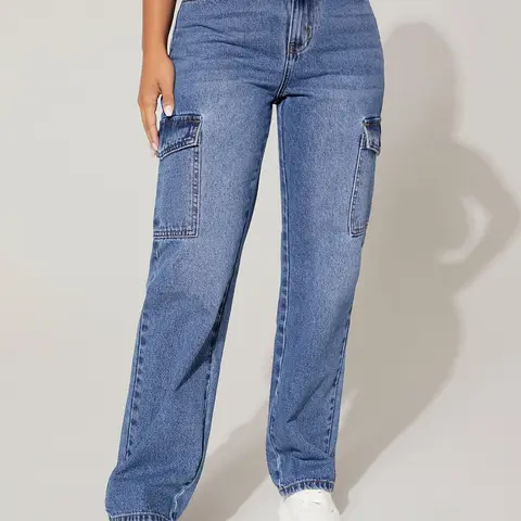 Women's Petite High Waist Cargo Denim Jeans, High Rise Jean, Womenswear, for Lady, Multi-Pocket Wide Leg Straight Pants, Comfortable Fit, Fashion Design, All Seasons Wear, Fitted, Fashion Jean Bottoms, Trouser