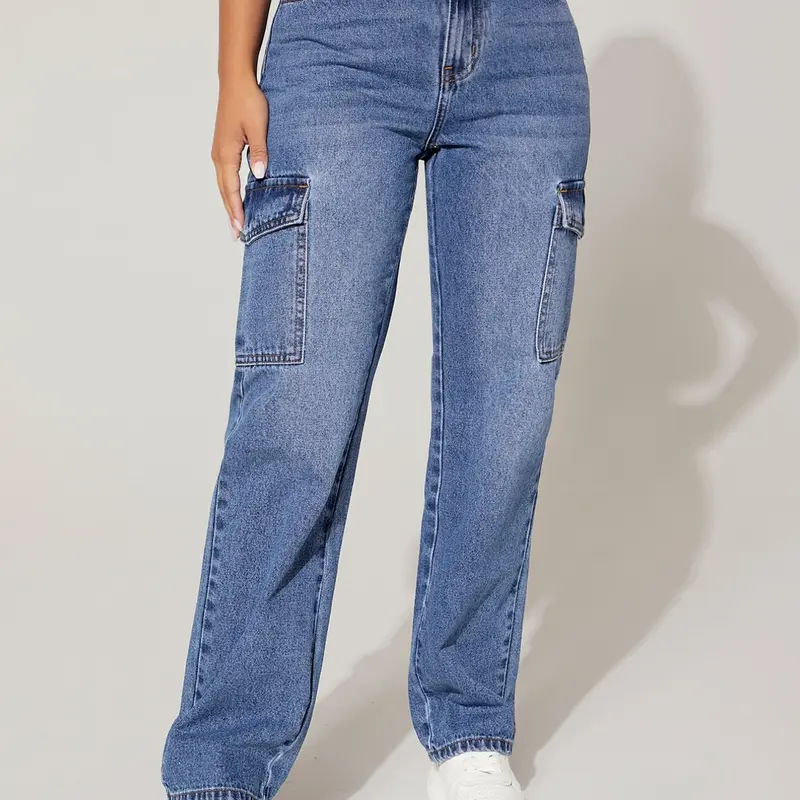 Women's Petite High Waist Cargo Denim Jeans, High Rise Jean, Womenswear, for Lady, Multi-Pocket Wide Leg Straight Pants, Comfortable Fit, Fashion Design, All Seasons Wear, Fitted, Fashion Jean Bottoms, Trouser