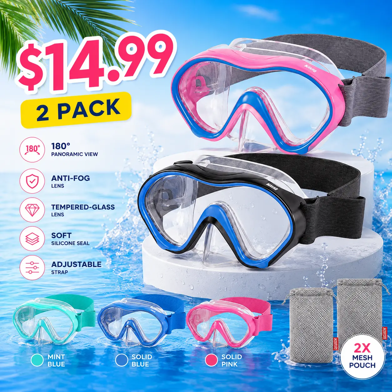 Aegend Kids Water Goggles - Swimming Accessories with Nose Cover, Anti-Fog Knitted Strap, No-Leak Design, Wide View, Clear Vision Diving Swimming Goggles for Boys and Girls