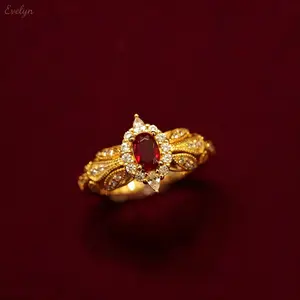 Vintage Filigree Oval Red Stone Halo Rhinestone Statement Ring, Yellow Gold Tone Engraved Split Shank Band, Dainty Sparkly Finger Jewelry for Women Daily Date Party Evening Wear