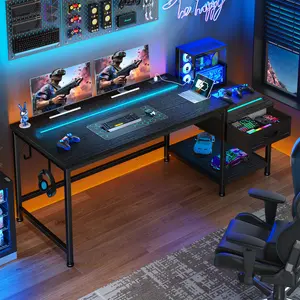 【SUMMER Vibes】Raybee 56'' LED lighting Gaming Desk with Fabric Drawer & Printer Stand shelf, Reversible Computer Desk with LED Lights & Power Outlets, Study Table with Hooks for Headphone,Home Office Work Desk for Bedroom,Dorm, Black