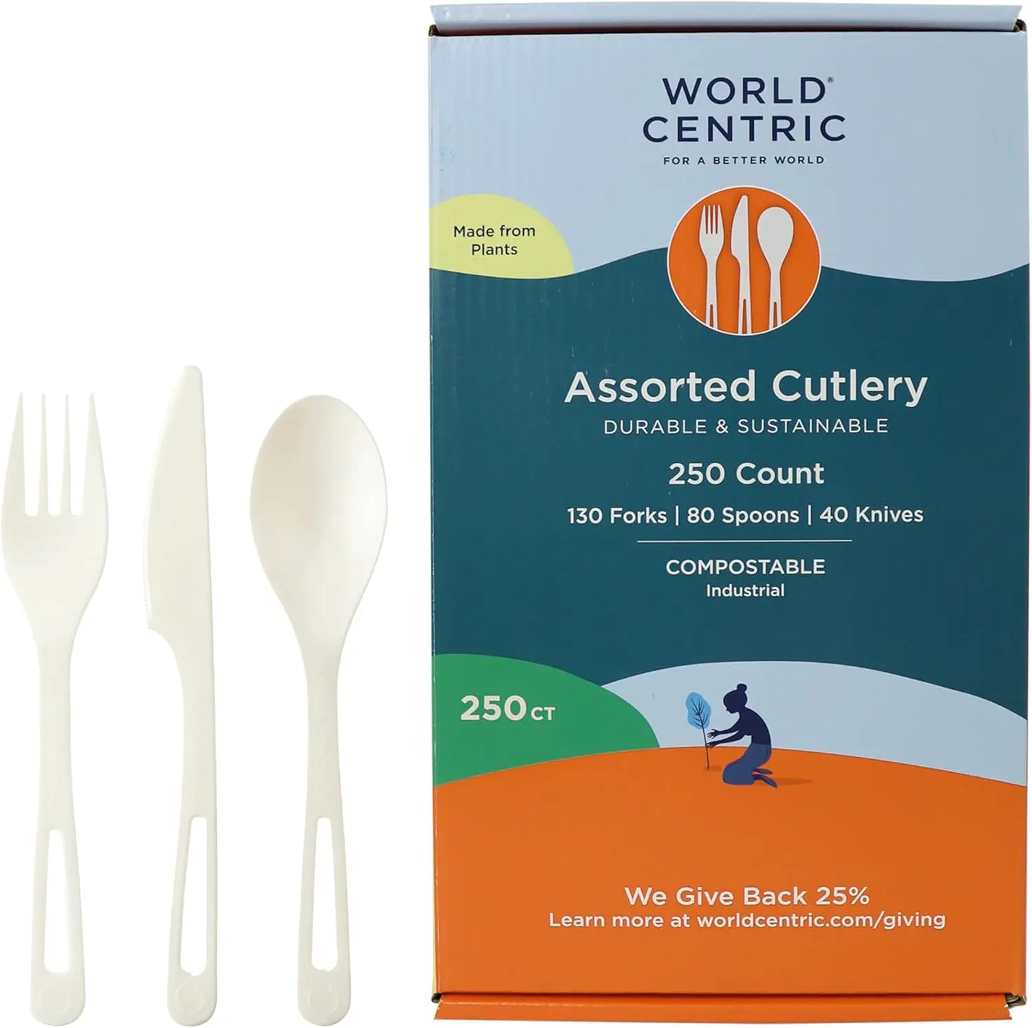 World Centric Compostable TPLA Assorted Cutlery (Pack of 250), Forks, Spoons and Knives, Made from Plants and Minerals, White Bioplastic Utensils, Strong, Heat Resistant