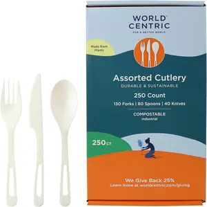 World Centric Compostable TPLA Assorted Cutlery (Pack of 250), Forks, Spoons and Knives, Made from Plants and Minerals, White Bioplastic Utensils, Strong, Heat Resistant