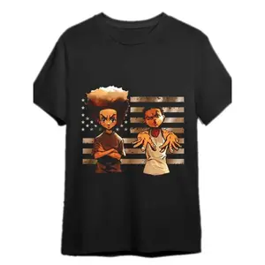 The Boondocks Huey & Riley Freeman Creative Print T-Shirt, Black Casual Summer Short Sleeve Tee, Vintage American Flag Background Streetwear, Trendy Couple Fashion Top for Men and Women