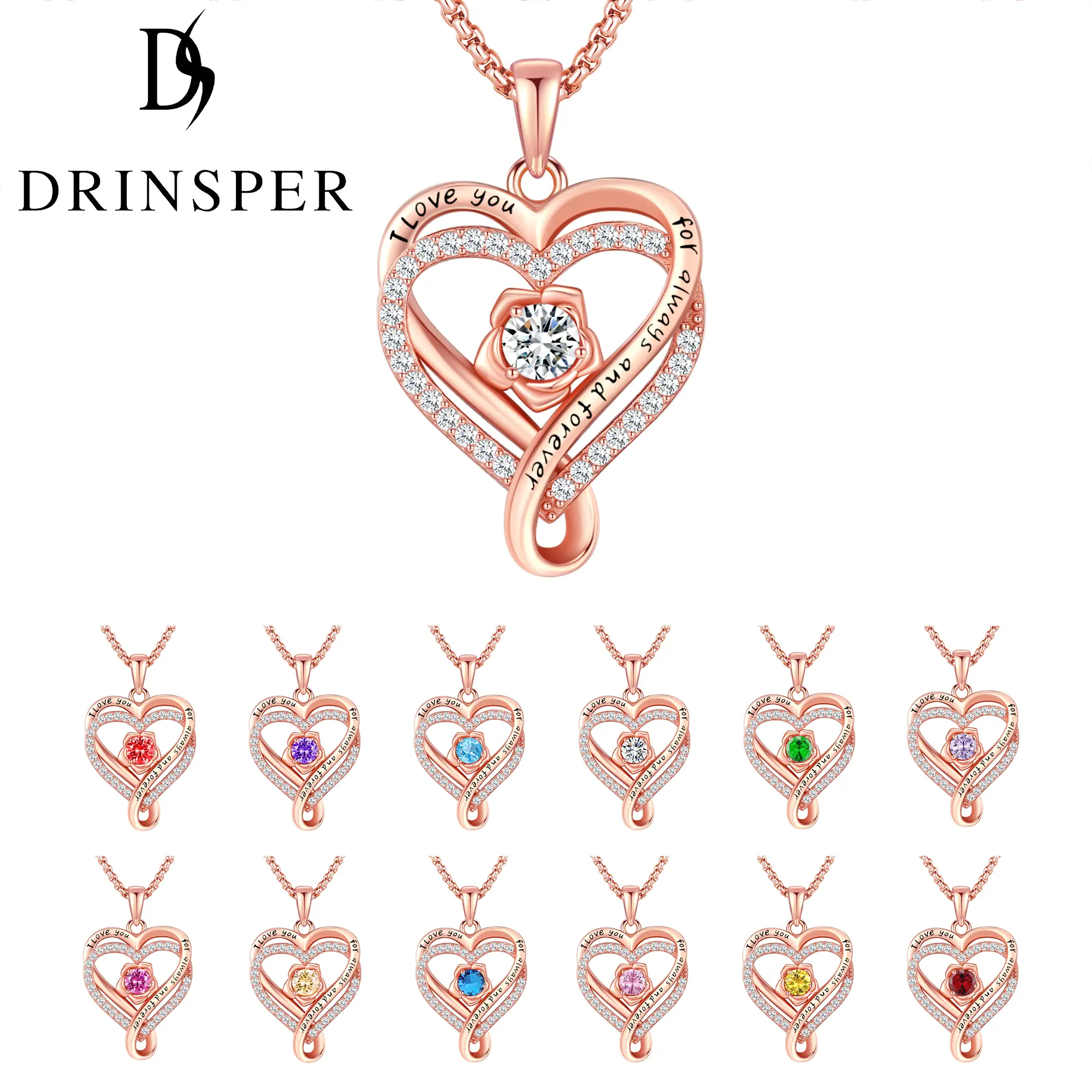 DRINSPER Elegant Birthstone Heart Necklace, Sparkly Rose Gold Heart Necklace, Trendy Necklace Fashion Matching Jewelry Accessories, Artificial Cubic Z