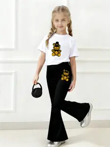 Fnaf Toy Bear's Five-Night Afterlife Freddy Dark Style Freddy Bear Cartoon Print Set, Boys' And Girls' Spring/Summer T-Shirts With Short Sleeves + Flared Pants Two-Piece Set, Fashionable, Casual, Comfortable And Versatile For Daily Wear, Ideal Gift Choice