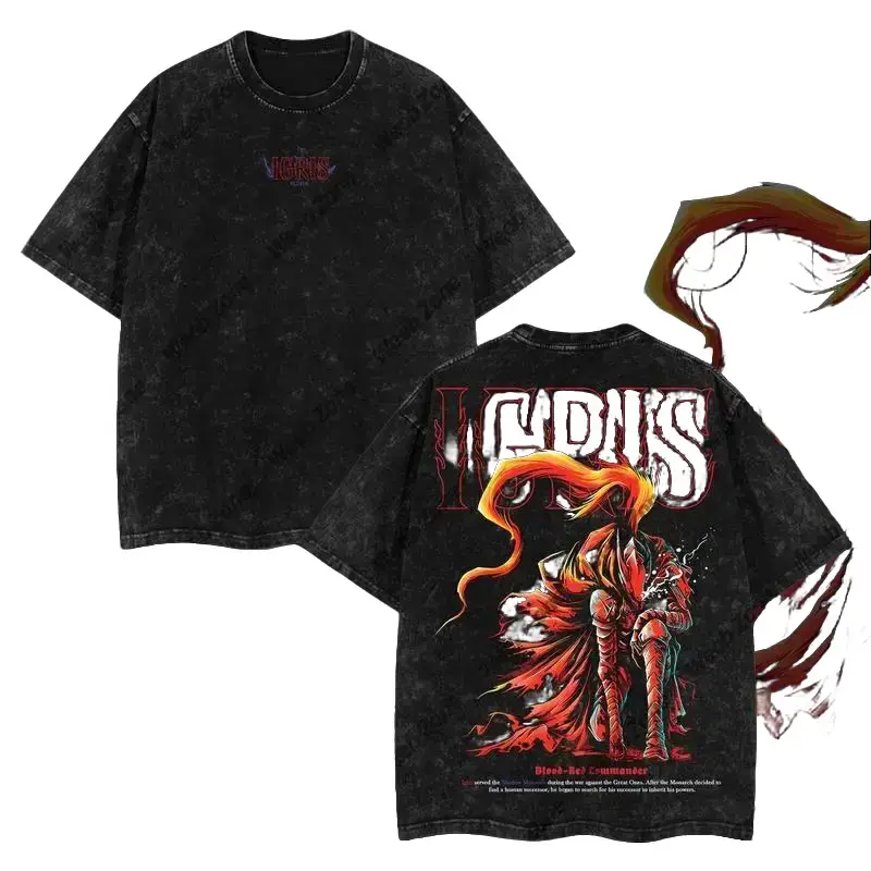 Men's Limited Edition Igris Blood-Red Commander Solo Leveling Menswear Cotton T-Shirt - Soft Seamless Shortsleeve Fabric, Oversized Heavyweight Acid Wash, Double-Sided Print, Breathable Manhwa Apparel, Gift for Anime Lovers