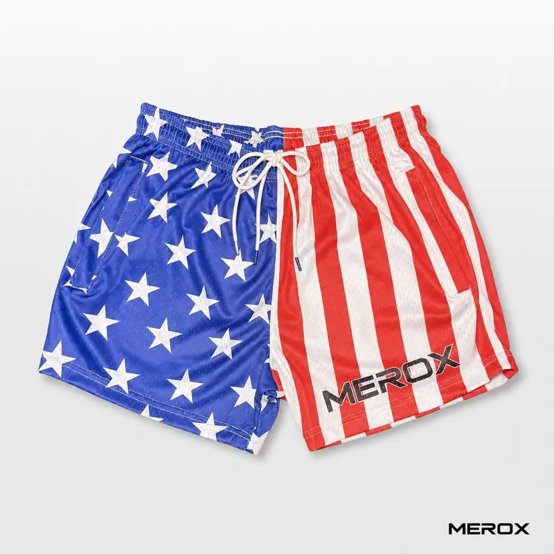 MEROX Mesh Gym Shorts, 5-in Inseam American Flag Design, Breathable Elastic Sports Shorts for Workout, Running