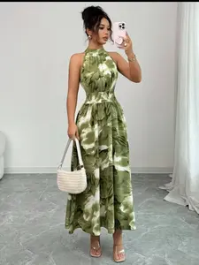 Elegant Olive Abstract Print Halter High Waist Long Dress, Sleeveless, Flowy Fabric, Perfect for Vacation and Dinner Parties