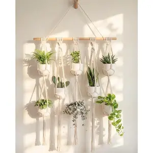 Bamworld Macrame Plant Hanger with Wooden Dowel Multi-Tier Hanging Planters for Indoor Plants Wall Mounted Hanging Plant Holder with 8 Pockets Boho Hanging Baskets for Wall Decor(Pot Not Included)