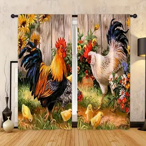Two pieces, polyester material, Easter-themed decoration, country garden rooster farm chicken print kitchen curtains, layered cafe curtains, rod pocket country country farmhouse print curtains, suitable for living room, office, bedroom, home décor.