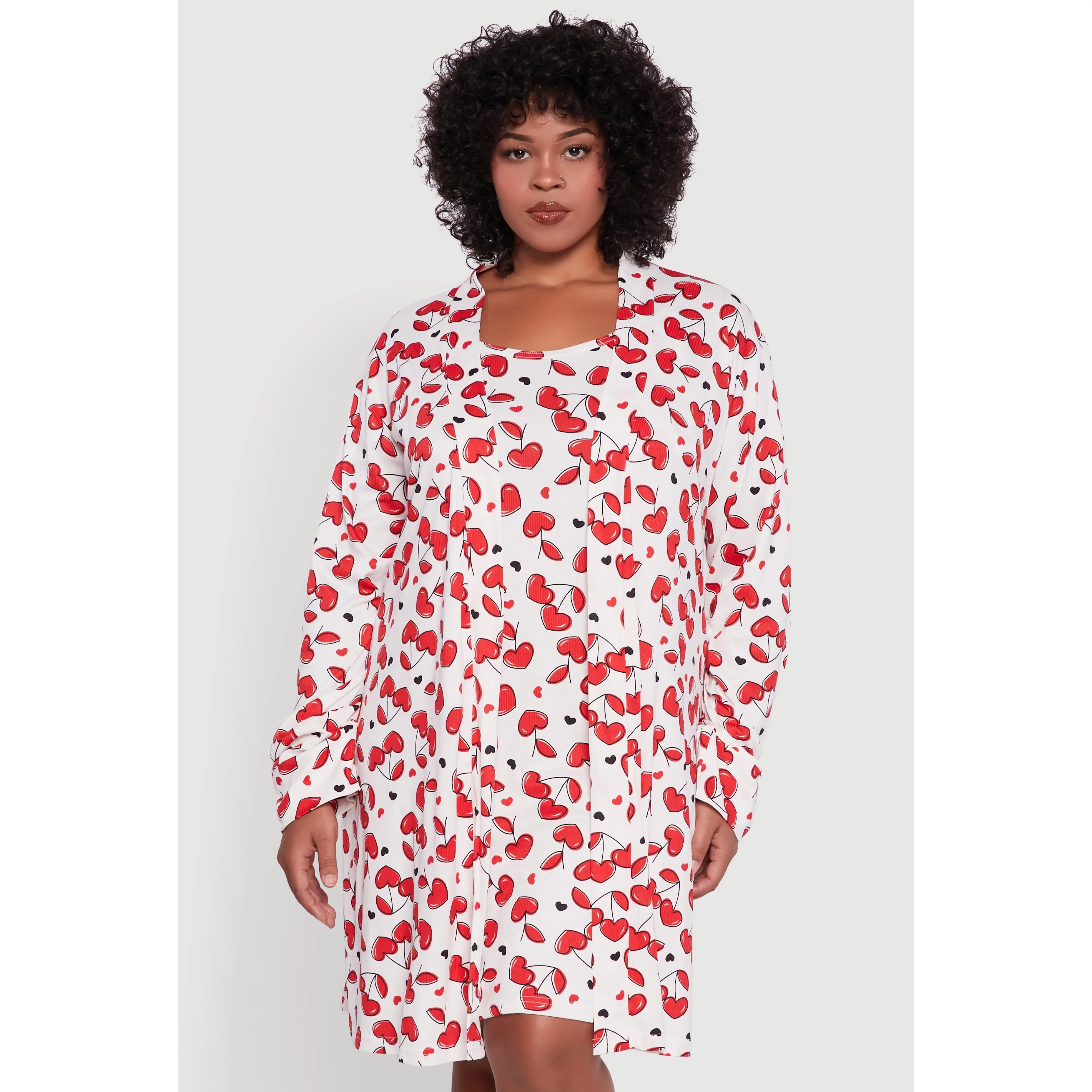 Plus Size Heart Cherry Print Robe and Cami Nightgown