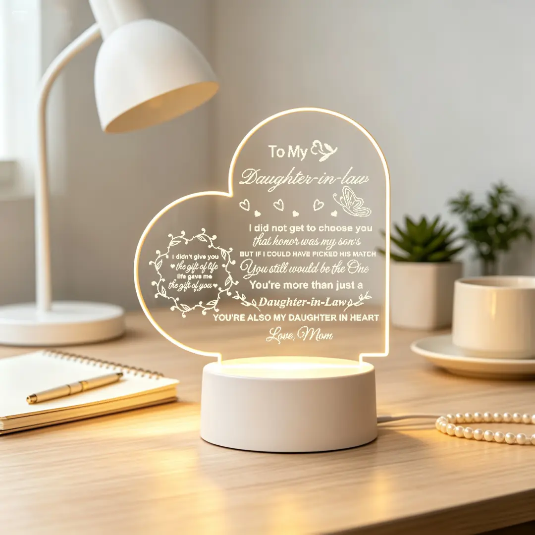 Heart Shaped Acrylic LED Night Light Gifts for Daughter-in-Law, To My Daughter-in-Law Engraved Desk Lamp, Mother in Law to Daughter in Law Birthday Christmas Thanksgiving Present, Warm Decorative Table Nightlight