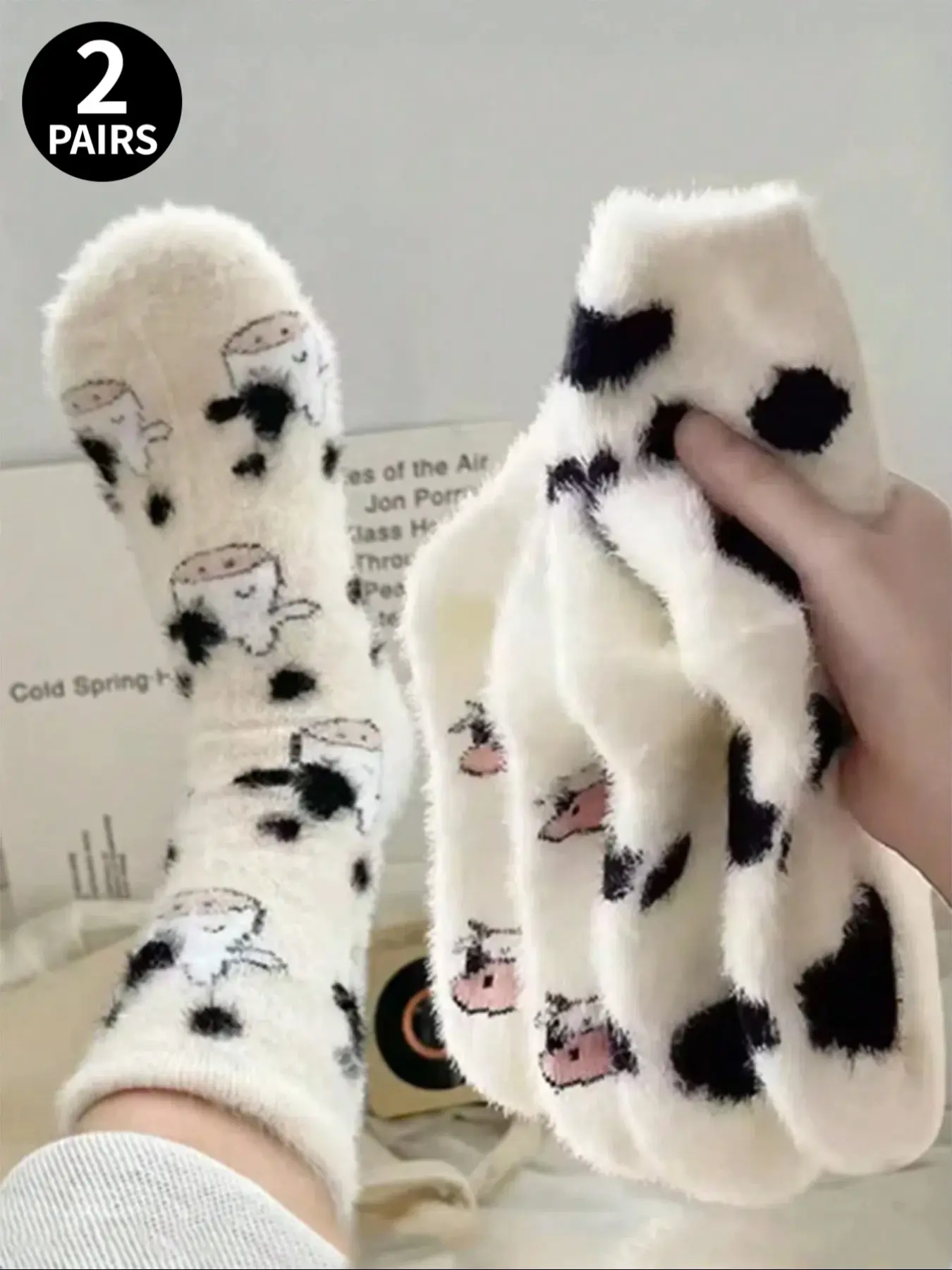 2 Pairs Cow Print Thermal Warm Mid-Calf Casual Knit Socks, Cute Soft Plush Feel, Skin-Friendly, Girls' Autumn Winter Home Casual Wear, Soft Comfy Socks