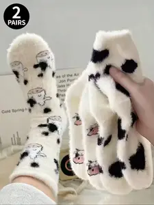 Women's 2 Pairs Cow Print Thermal Mid-Calf Socks Cute and Soft Style Plush and Skin-Friendly For Girls' Fall/Winter Homewear & Leisure Valentine's Day Gift, New Year Gift