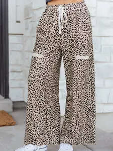 Women's Leopard Print Wide Leg Pants High Waisted Drawstring Lounge Trousers Casual Terry Knit Pants with Pockets