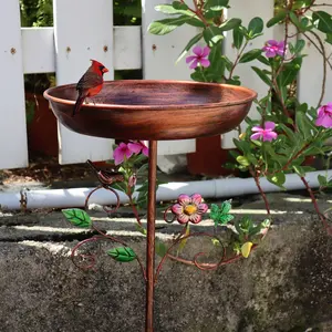 Iron Art Vintage Bird Bath, Solid Painted Bird, Standing Ground Insert, Floral Leaf Decor, Outdoor Garden Bird Watering Bowl, Bird Feeder Ornament, Bird Supplies