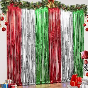 3 Pack Christmas Foil Fringe Curtains Christmas Party Decoration 3.3 x 6.6 ft Red Silver Green Tinsel Fringe Party Photo Backdrop Streamer Backdrop for Christmas, New Year, Ugly Sweater Party