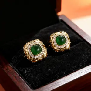 Ancient Chinese Style Earstuds with Green Jade Marrow Inlaid Zirconia Light Luxury Women's Elegant Versatile Fashion Niche Earrings Exquisite Jewelry