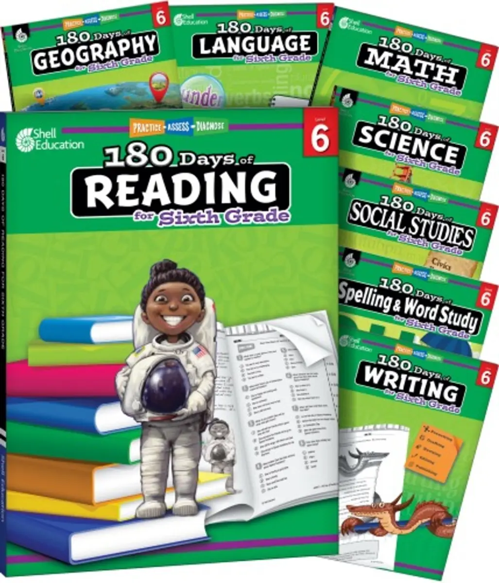 Shell Education 127939 180 Days Bundle Grades 6 Textbook Set - 8 Books, Homeschool Curriculum, Focused Practice, Daily Morning Review, Social Studies, Classroom Learning for 10-12-Year-Old Learners