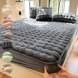 Luxury Faux Rabbit Fur Fitted Sheet 1pc Bed Sheets Set – Soft, Warm Solid Color Bedding with Pillowcase, All-Season Use, Perfect for Bedroom, Dorm, Sofa Décor, Cozy Christmas Gift
